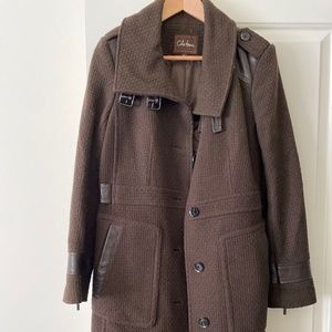 Brown wool and leather trim  3/4 coat